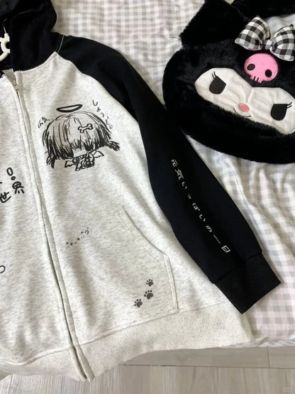 Zip Up Hoodie Cartoon Japanese Grunge Sweatshirt Women Clothing Streetwear Anime Print Jackets Y2k Tops Casual Loose Outerwear