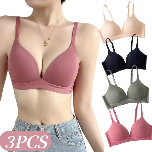 3Pcs/Set Seamless Bras For Women Non-wire Push-Up Bra Glossy Deep V Underwear Fixed 3/4 Cup Comfort Daily Wear Lingerie S-XXL