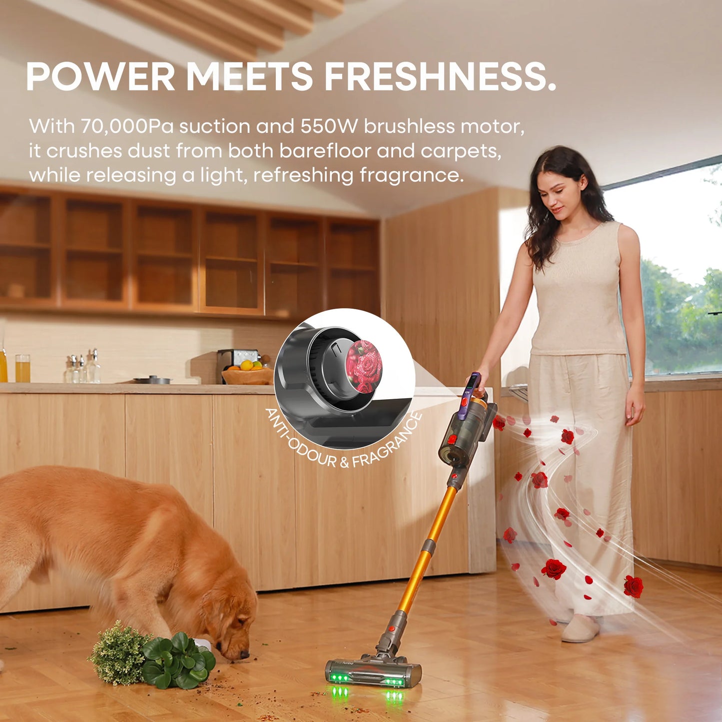 Erabros EV7 Cordless Vacuum Cleaner,70KPa Suction,550W Motor,70Min Runtime,Charging Storage Base,Stick Vacuum with Aroma Design