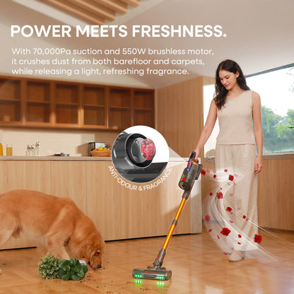 Erabros EV7 Cordless Vacuum Cleaner,70KPa Suction,550W Motor,70Min Runtime,Charging Storage Base,Stick Vacuum with Aroma Design