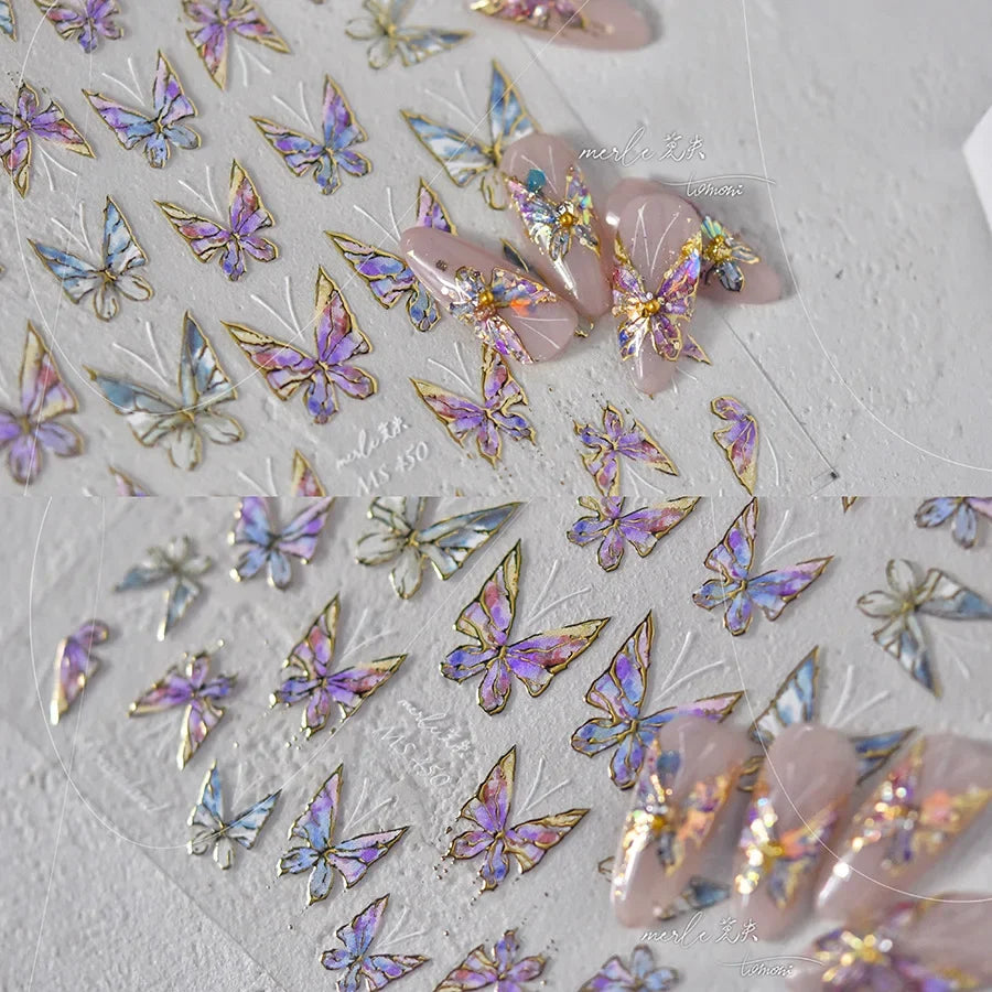 Shiny Jelly Butterfly Charming Golden Gradient Bowknot 5D Self Adhesive Nail Art Sticker Flower Petal Rhinestone Manicure Decals