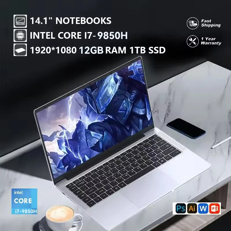 2026 Laptop Core I7 9850H A3950 Portable Laptops Windows 11 Pro 16GB RAM 1TB SSD 1920*1080 HD PC Gaming Computer Notebook Gamer