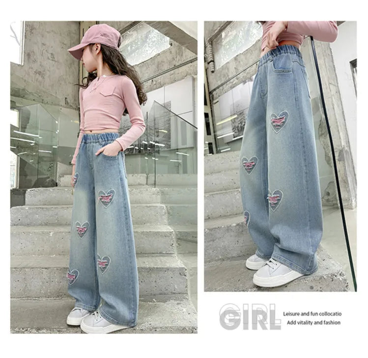 New 4-14 Years Spring Autumn Teenage Girls Jeans Full Print Bow Embroidery Fashion Wide-leg Denim Pants For Kids