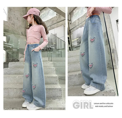 New 4-14 Years Spring Autumn Teenage Girls Jeans Full Print Bow Embroidery Fashion Wide-leg Denim Pants For Kids