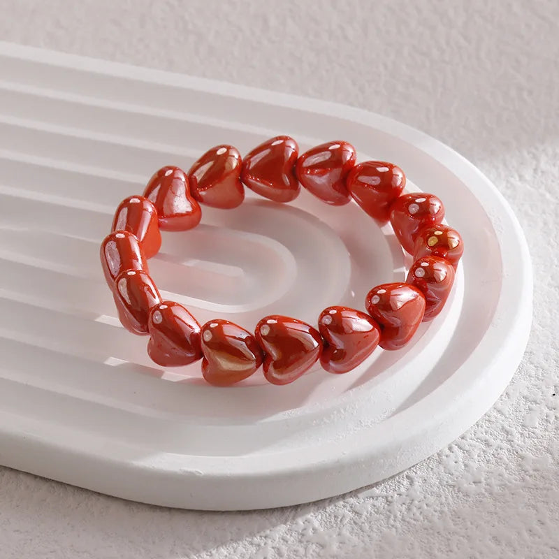 Sweet Fashion Dopamine Colorful Glossy Resin Heart Handmade Bead Elastic Bracelets for Women Summer Beach Stackable Jewelry Gift