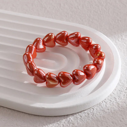Sweet Fashion Dopamine Colorful Glossy Resin Heart Handmade Bead Elastic Bracelets for Women Summer Beach Stackable Jewelry Gift