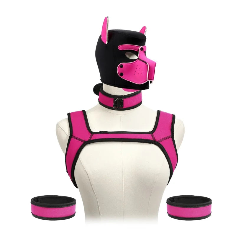 Pet Play Restraint Lingerie Set with Unisex Upper Body Harness Dog Hood Choker for Couple BDSM Fantasy Game Sex Toys