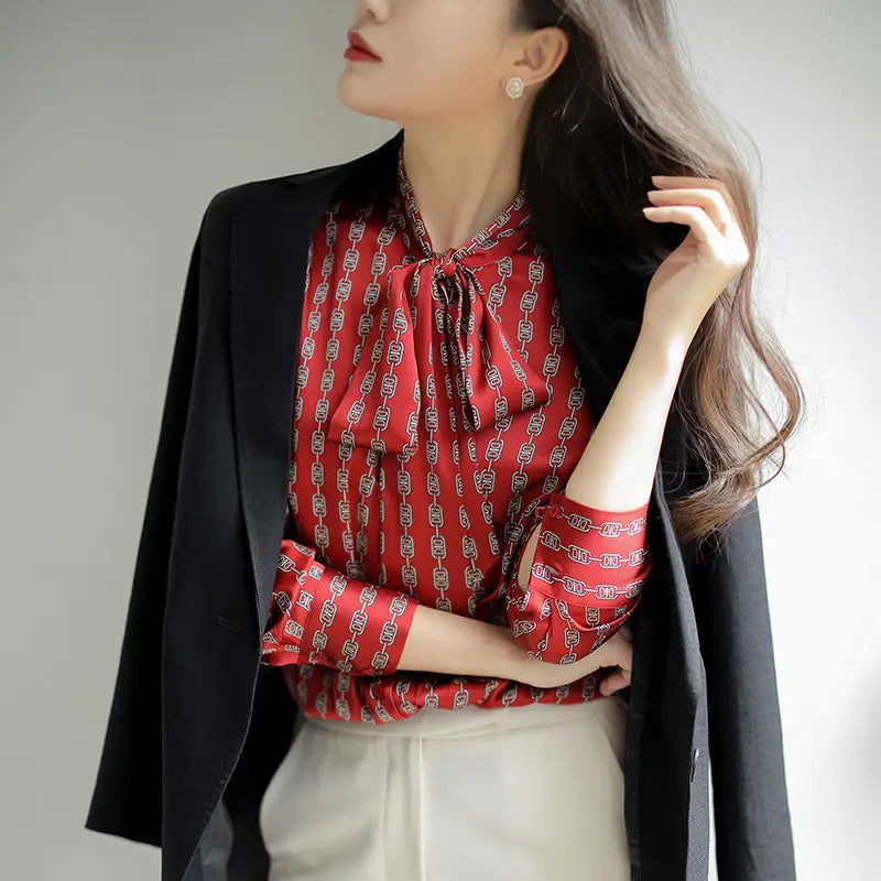 Harajuku Vintage New Fashion Scarf Neck Long Sleeved Women's Blouse Printed Shirt Casual Loose Youth Tops Elegant Female Clothes