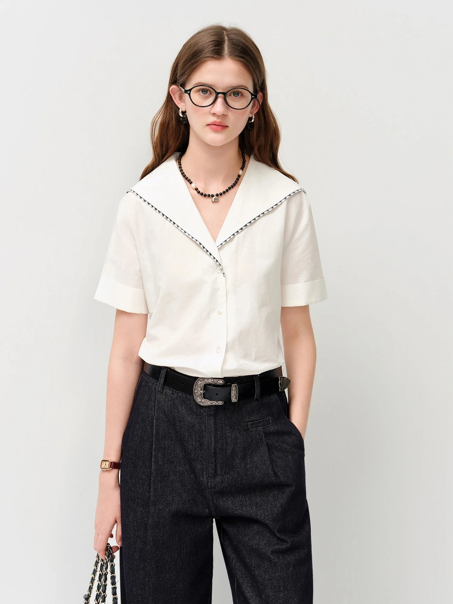 FSLE 2026 Summer Women's Sailor Collar Shell Embroidered Short Sleeve Shirt Preppy Button Down Blouse for Rebellious Prep Style