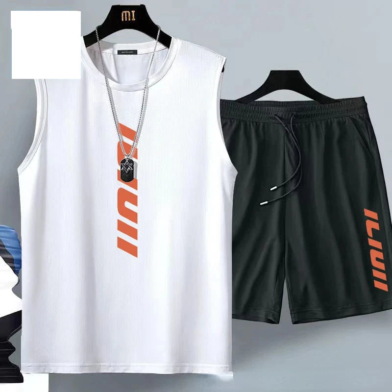 Summer Men's Clothing Fashion Casual Basketball Suit Street Sportwear 2 Piece Breathable Short Sleeve T-Shirt+Jogging Shorts Set