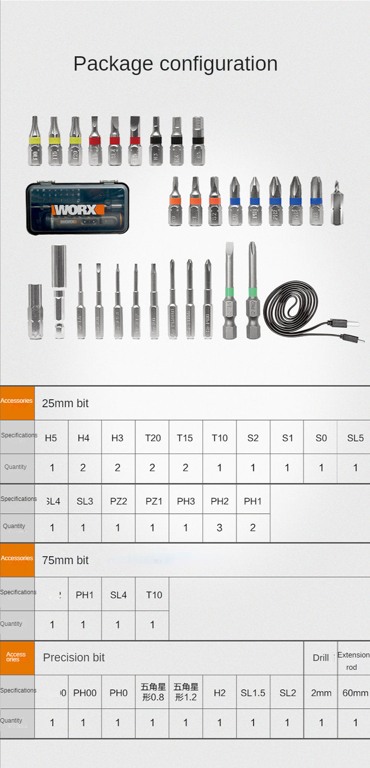 Worx 4V Mini Electrical Screwdriver Set WX242 Smart Cordless Electric Screw Driver USB Rechargeable 30 Bit Set Drill Tool