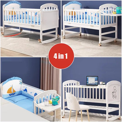 Wood Baby Crib With Mosquito Net And Diaper Table Convert To Kids Bed, Bedding Set, Baby Cot, Bed, Rocker Mattress