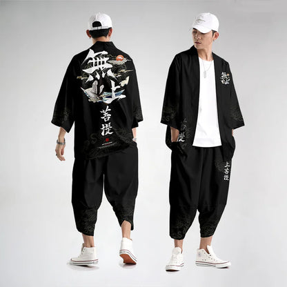 Large Size 5XL 6XL Japanese Kimono Cardigan Pants Set Print Fox Men Women Shirt Tradition Yukata Haori Obi Cosplay Costume