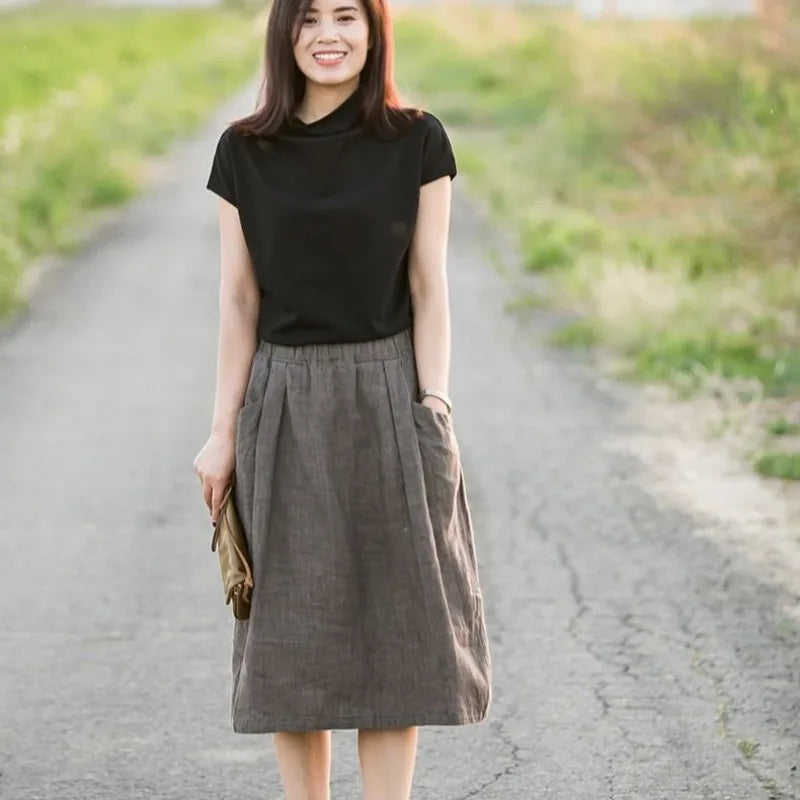 New Cotton and Hemp Half Length Skirt for Women in Summer, A-line Medium Length Skirt, High Waist, Loose Elastic Waist Skirt
