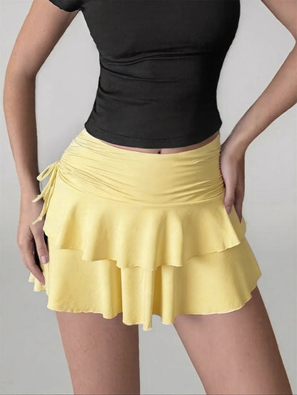 Women's Ruffle Mini Skirt 2026 Summer Fashion Solid High Waist Short Skirts Lace Up Slim Outfit Clothes Casual Chic Streetwear