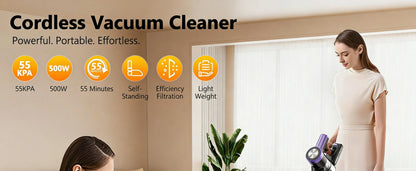 Cordless Vacuum Cleaner, 55Kpa/55Mins Vacuum Cleaners for Home, Anti-tangle Stick Vacuum with Self-Standing, Wall Mount Charging