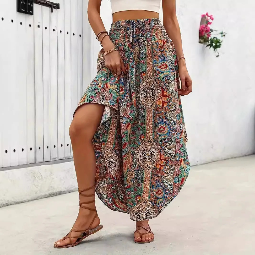 Bohemian Boho Vintage Floral Print Skirts Women Summer High Waist A-Line Pleated Elastic Long Skirts Casual Holiday Beach Skirt