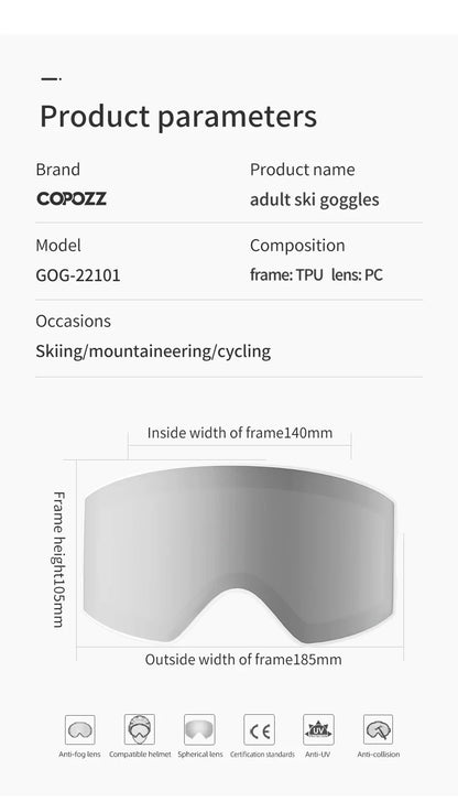 COPOZZ Magnetic Ski Goggles UV400 Protection Anti-Fog Ski Glasses Men Women Quick-Change Lens Snowboard Goggles with Two Options