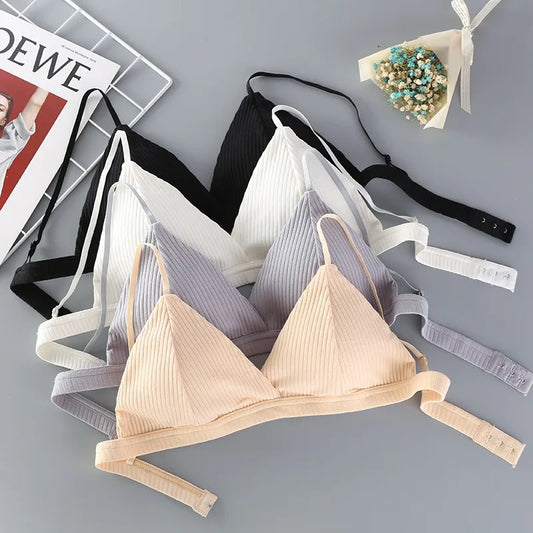 Women Cotton Push-Up Bra Ribbed Triangle Cup Bralette Wire-Free Bras Ladies Sexy Lingerie Simple Low Back Single Hook Underwear