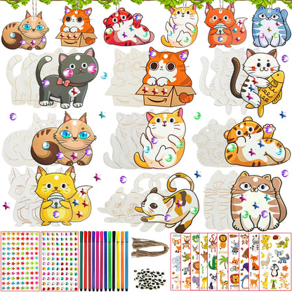 290PCS Wooden Cat Painting DIY Handcraft Kit Creative Decoration Artwork Craft Set Ideal for Drawing & Handmade Gifts