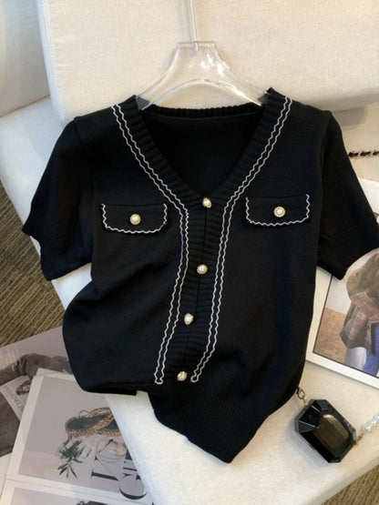 Women'S Casual Summer Top Pink Knit V-Neck with Button Details All-Season Style Casual Wear Vneck Top Knit Texture Crop Top