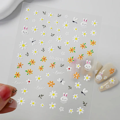5D Hibiscus Flower Nail Embossed Sticker Acrylic Pink White Gold Petal Leaf Adhesive Decal Butterfly Dragon Floral Elegant Decor