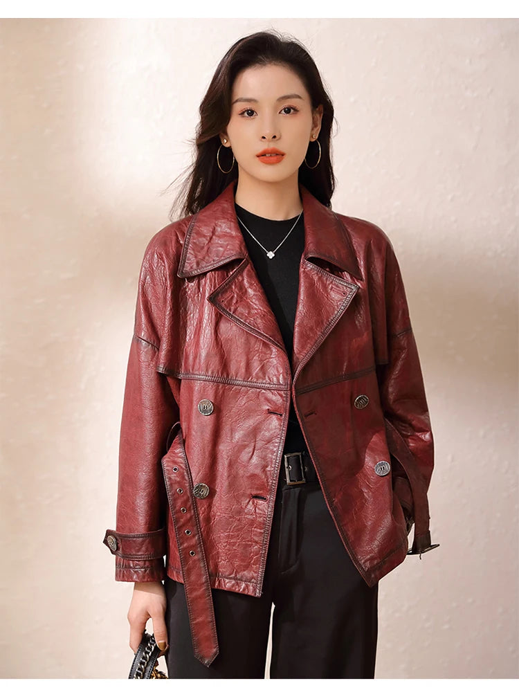 Roupas Femininas Autumn Women Suit Collar Lace-up Waist Oil Wax Sheepskin Gabardina Mujer Vintage Red Short Leather Trench Coat