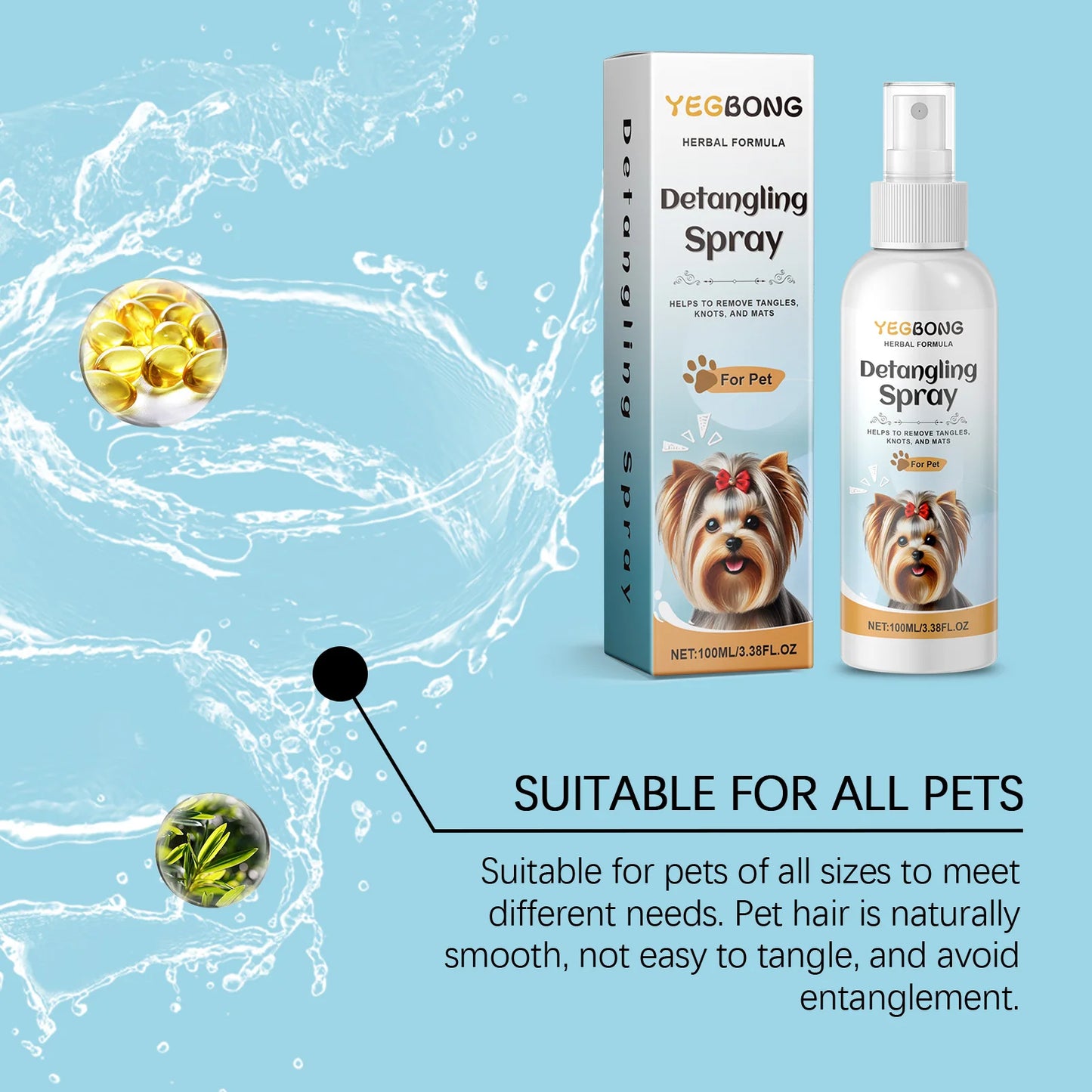 100ML Pet Detangling Spray Herbal Formula Smoothing Hair Remove Tangles, Knot & Mats Refreshing Maintain Pet Hair Grooming Spray