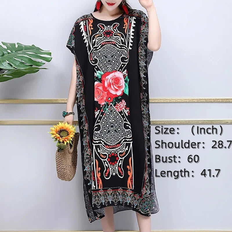 Casual Elegant Bohemian Printed Ethnic Style Retro Floral Woman Summer Street Wear Batwing Sleeve Loose Tunic Maternity Dress