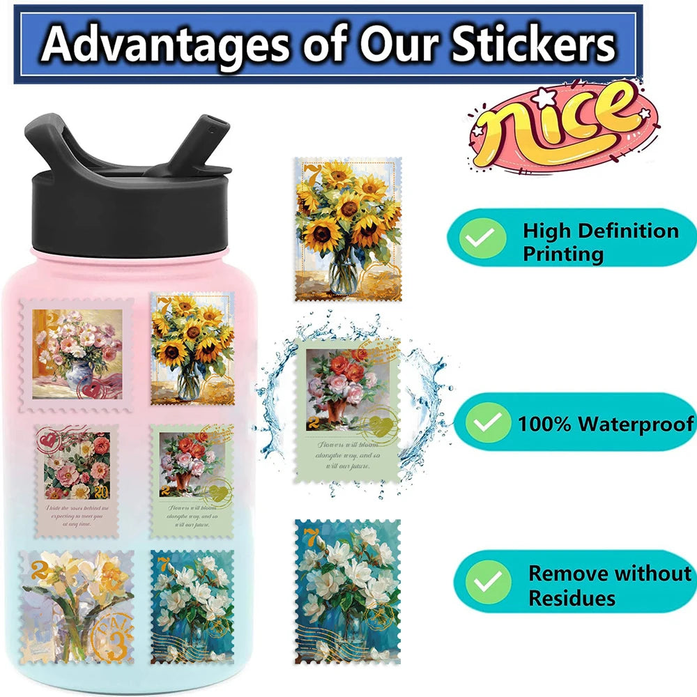 50Pcs Retro Flower Stamps Aesthetic Stickers Graffiti Decals for Scrapbooking Notebook Travel Luggage Bike Phone Sticker﻿