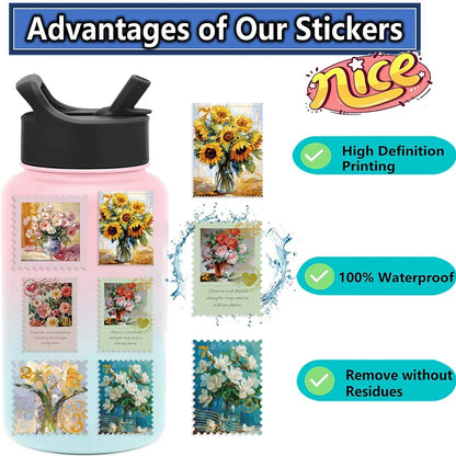 50Pcs Retro Flower Stamps Aesthetic Stickers Graffiti Decals for Scrapbooking Notebook Travel Luggage Bike Phone Sticker﻿