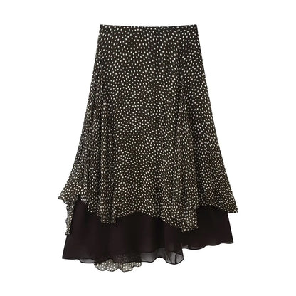 Nlzgmsj 2026 Spring Summer Women's Vintage Black Polka Dot Ruffle Hem Skirt  Asymmetrical Hem Midi Skirt
