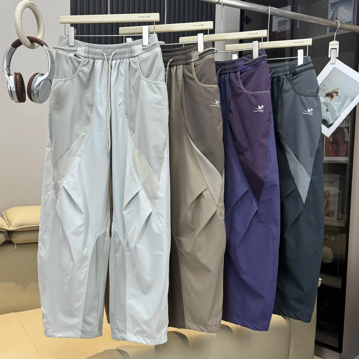 Men Outdoor Lightweight Quick Dry Ultra Loose Casual Splice Wide Leg Techwear Track Cargo Pants Women Streetwear Baggy Trousers