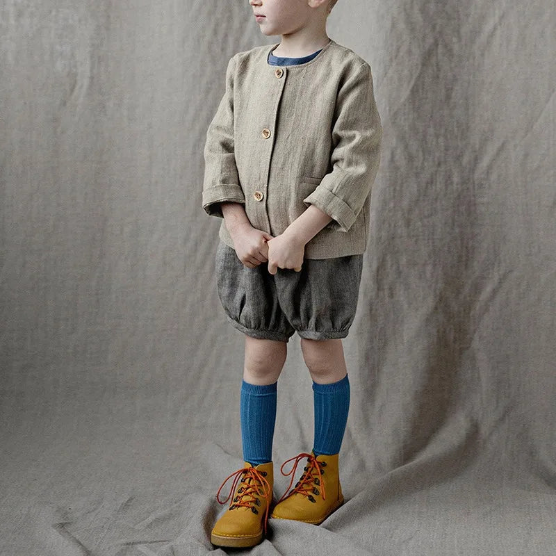 Spring Thin Retro Linen Jacket Children 2026 New Solid Color Single-Breasted Cardigan Casual Long-Sleeved Boys And Gilrs Coats