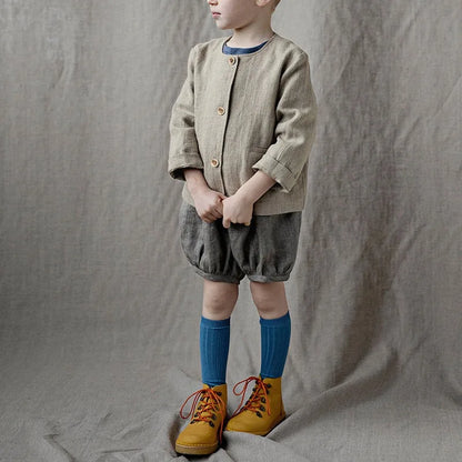 Spring Thin Retro Linen Jacket Children 2026 New Solid Color Single-Breasted Cardigan Casual Long-Sleeved Boys And Gilrs Coats