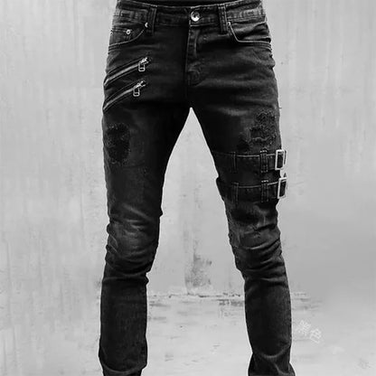 2025 New Men Slim Biker Ripped Long Denim Trousers Skinny Jeans Side Straps Zips Male Jogging Pants Destroyed Stretchy Pants