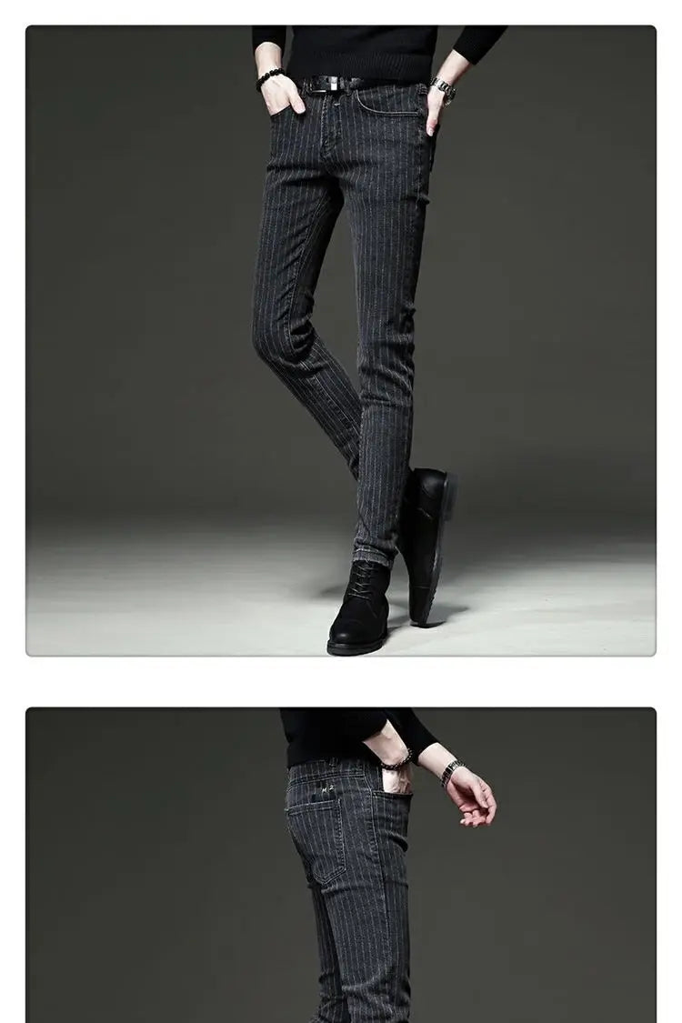 Men's Striped Slim Stylish Casual Pencil Pants Jeans Spring Autumn Korean Trendy Fashion Brand New Elastic Striped Long Trousers