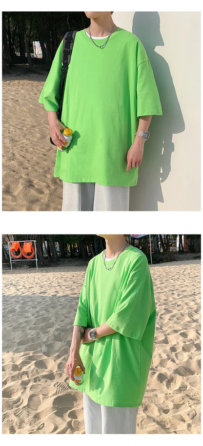 Oversized Summer Short Sleeve Men's T Shirt New Fashion Solid Loose O-Neck T Shirts Mens Cotton Hip Hop Streetwear Top Tees 5XL