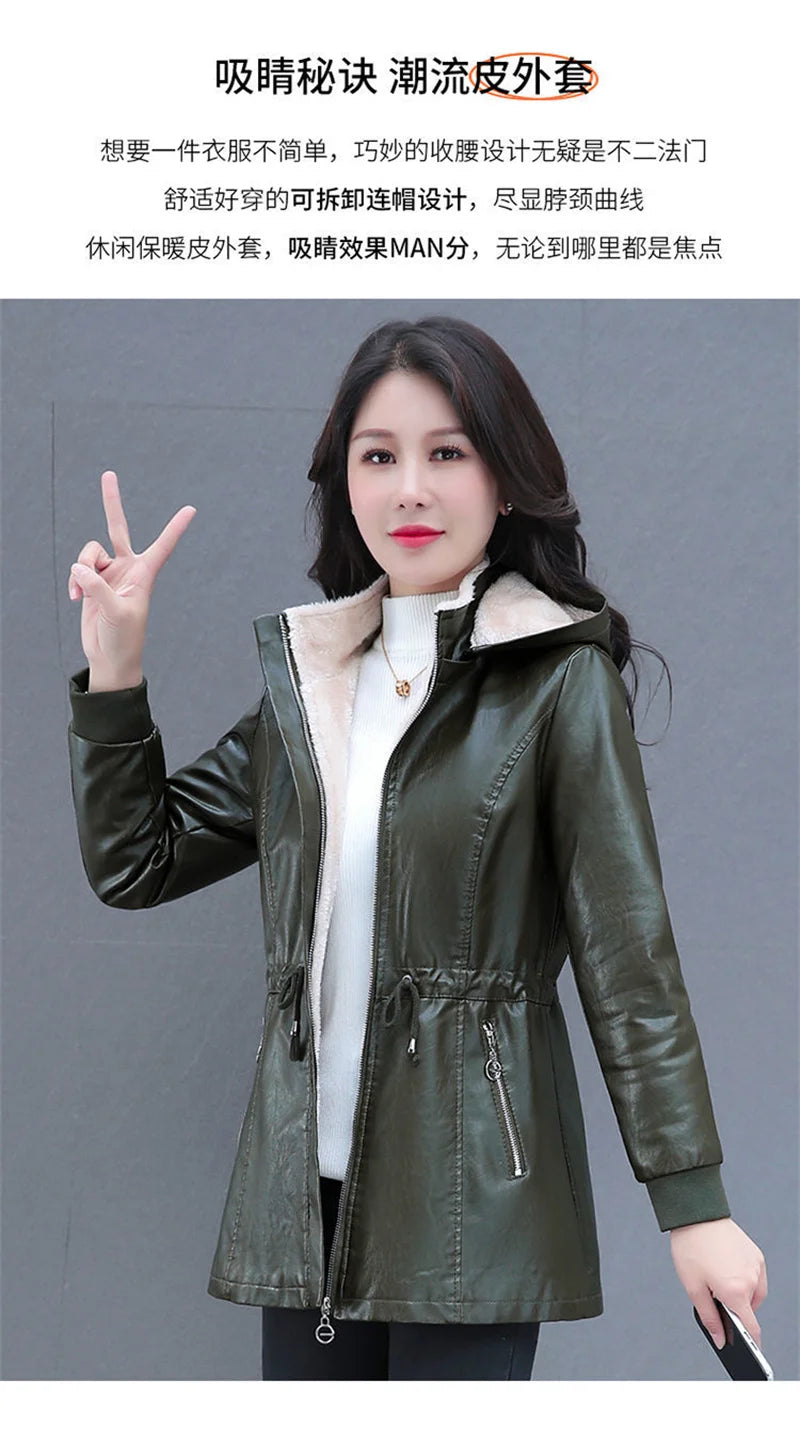 Winter Coat New Fashion Soft Leather Clothes Women's Long Sheep Leather Jacket Plus Velvet Padded Warm Coat