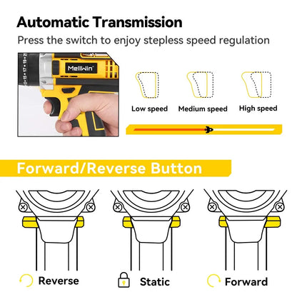MELLWIN 25+3 Torque Electric Impact Drill Set Multipurpose Cordless Electric Screwdriver Power Tool For Makita 18V Battery Pin