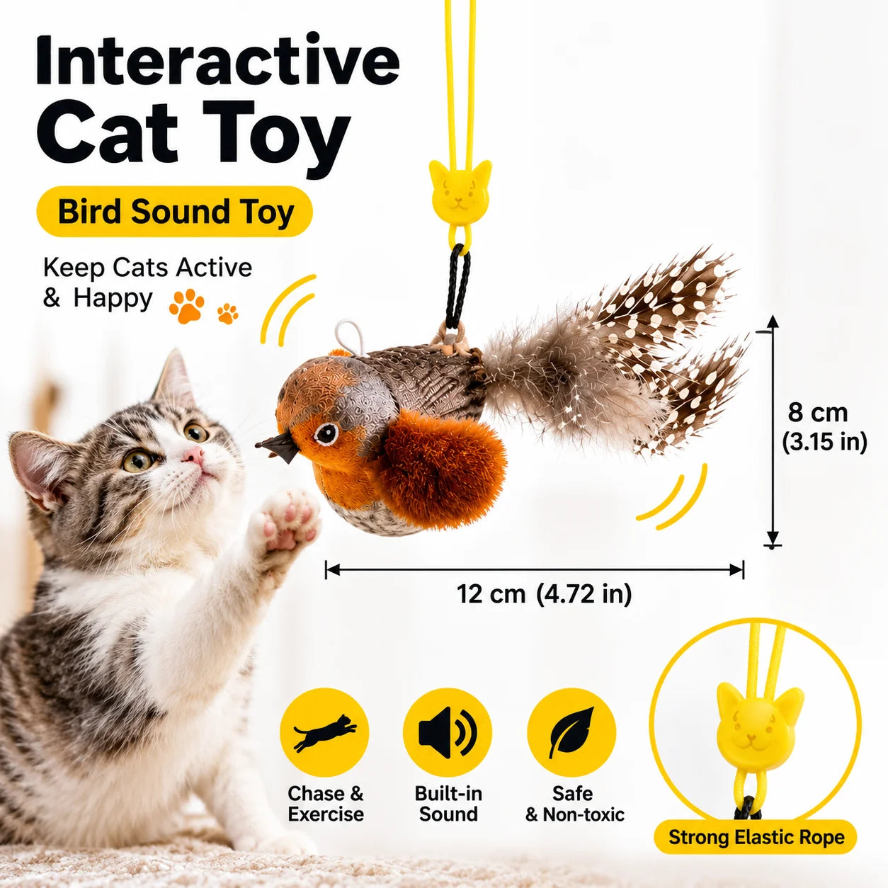 Bird Sound Cat Toy Brown Green Blue Color Options and Combination Set Plush Feather Hanging Teaser for Indoor Cats Chasing Play