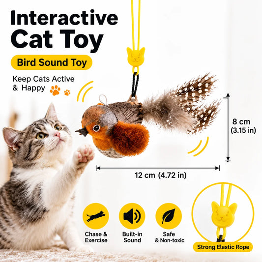 Bird Sound Cat Toy Brown Green Blue Color Options and Combination Set Plush Feather Hanging Teaser for Indoor Cats Chasing Play
