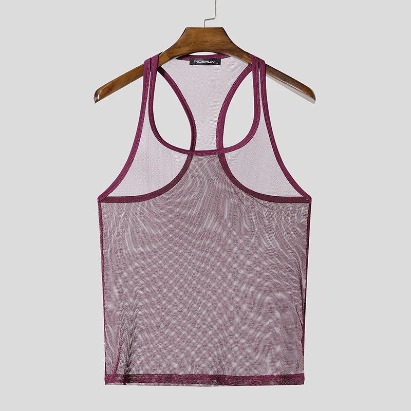 INCERUN Tops American Style Fashion Men Thin Perspective Mesh Vests Sexy Casual Streetwear Male Personality Sleeveless Tank Tops