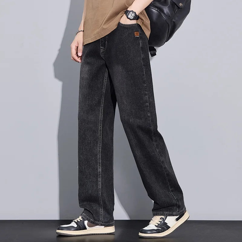New Arrival American Vintage Wide Leg Elastic Denim Pants for Men Loose Straight Fit Flowy Versatile Casual Pants