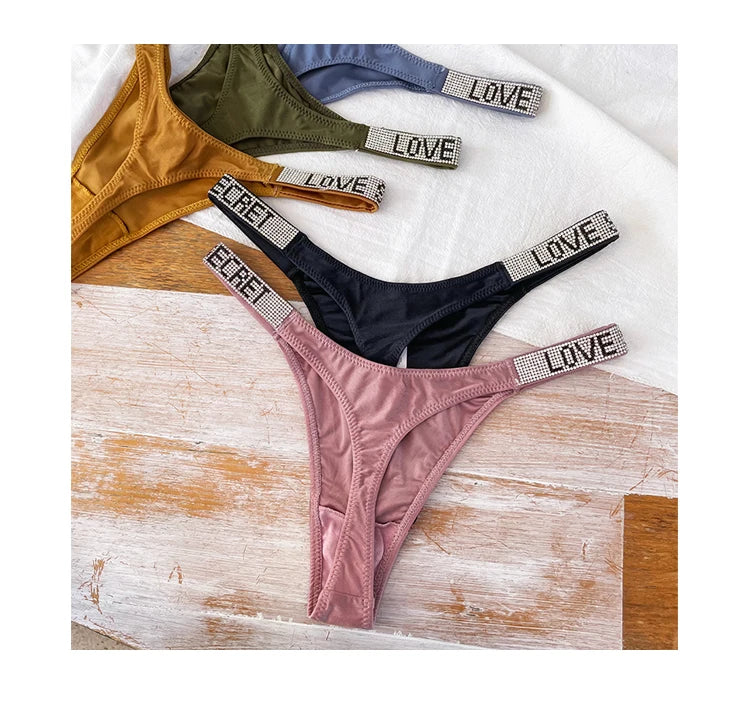 Low Waist Sexy Women Thongs Panties Rhinestones letter Diamonds G String Sports Thong Shorts Briefs T-back Fitness Size S-XL