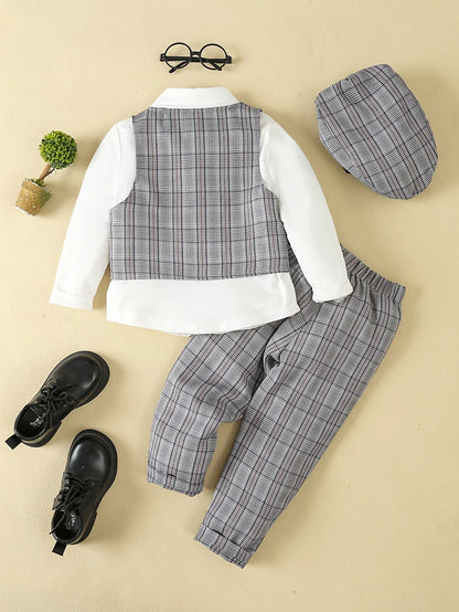 Boys and gentlemen's clothing, plaid four piece shirt+vest+pants+hat