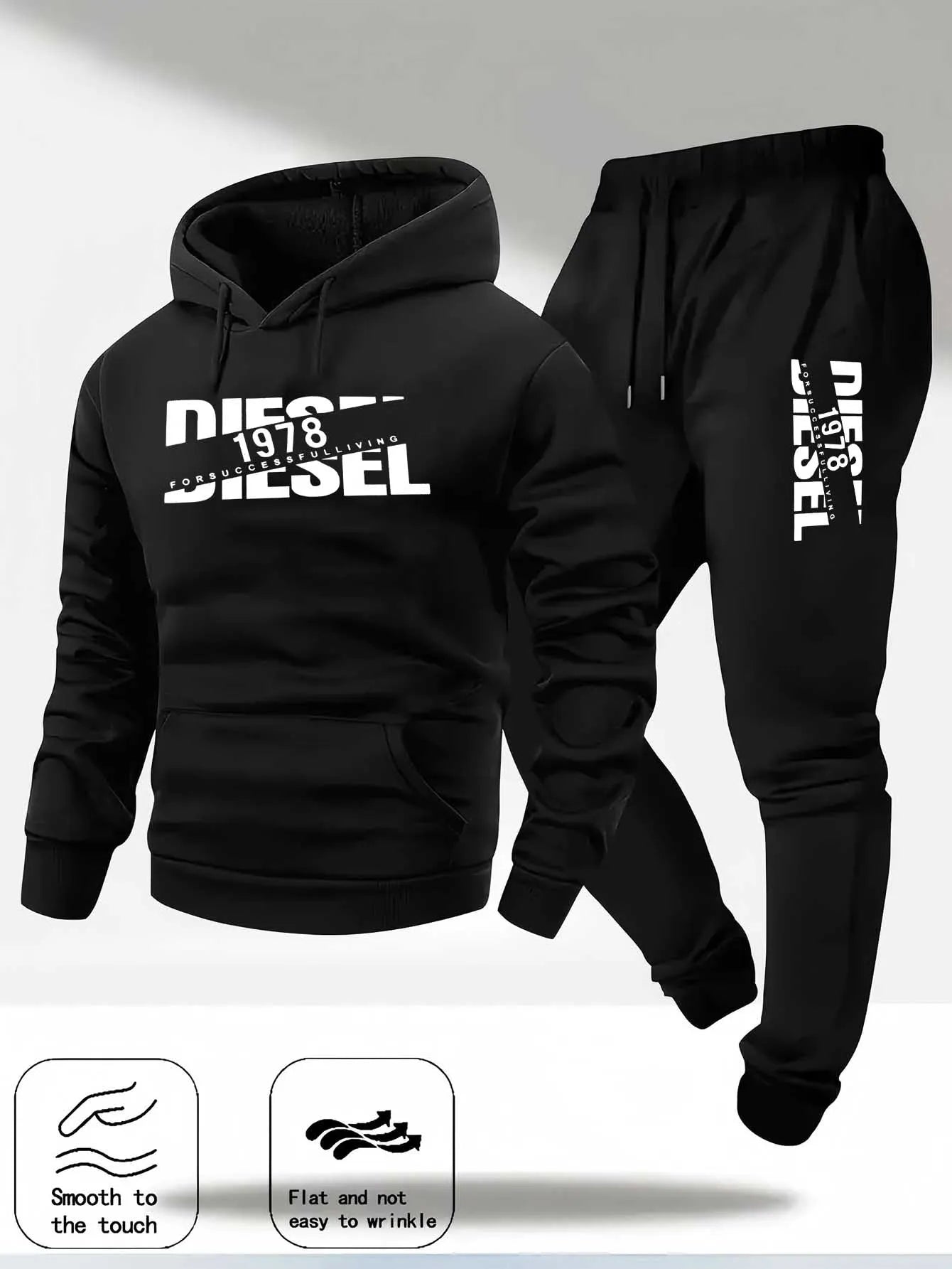 Men Fashion Print Tracksuit Hooded Sweatshirt+Sweatpants Set Autumn Winter Casual Fitness Jogging Sports Two-Piece Unisex Outfit
