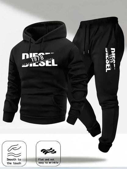 Men Fashion Print Tracksuit Hooded Sweatshirt+Sweatpants Set Autumn Winter Casual Fitness Jogging Sports Two-Piece Unisex Outfit