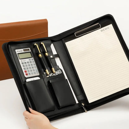 Executive Business A4 Leather Portfolio Folder Clipboard for Zippered Desk Organizer Document Briefcase Calculator for Office