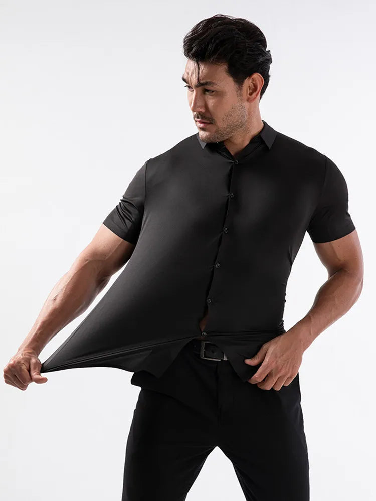 High Quality Summer Business Shirts For Men Short Sleeve Button Wrinkle Free Elasticity Social Black Office Dress Shirts US Size